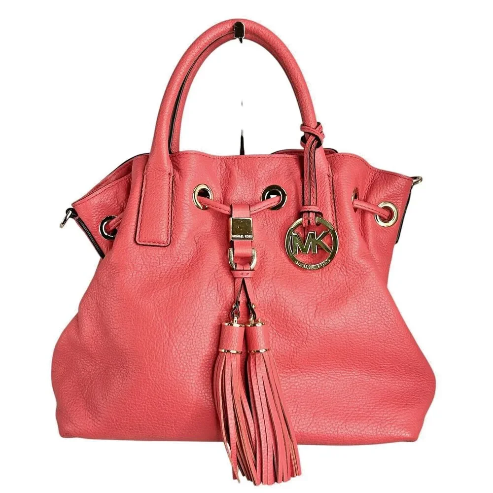 MICHAEL KORS Camden Satchel Crossbody Bag Coral Salmon Pink Leather Gold